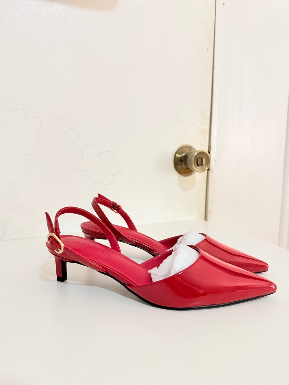 Patent Red Slingback Kitten Heels with Gold Buckle